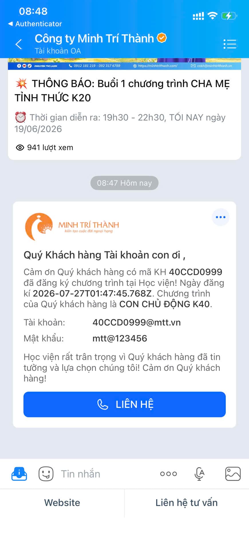 Tin nhắn Zalo ZNS chứa tài khoản của con