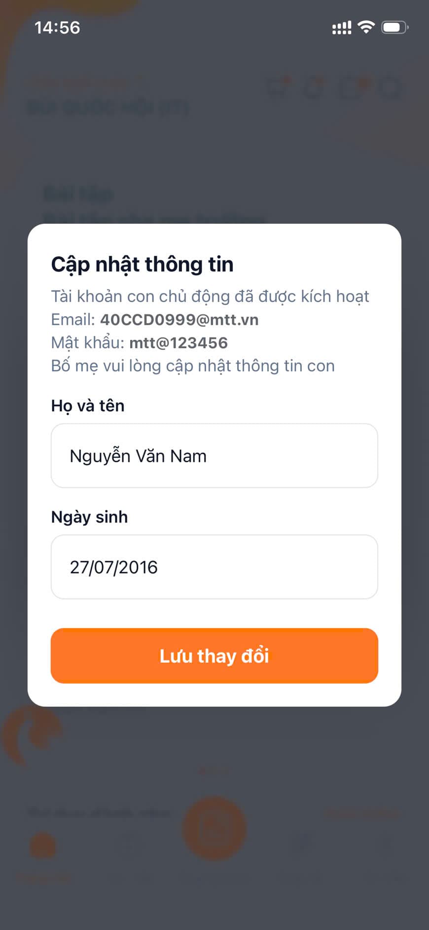 Màn hình cập nhật thông tin con (họ tên, ngày sinh) trên app cha