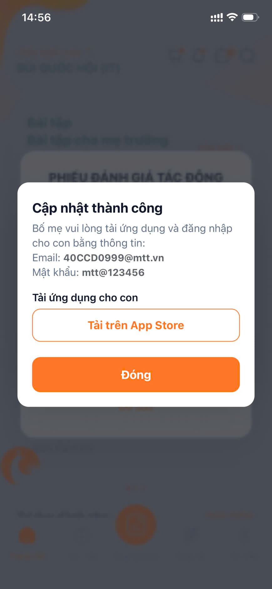 Màn hình cập nhật thành công với nút tải ứng dụng cho con