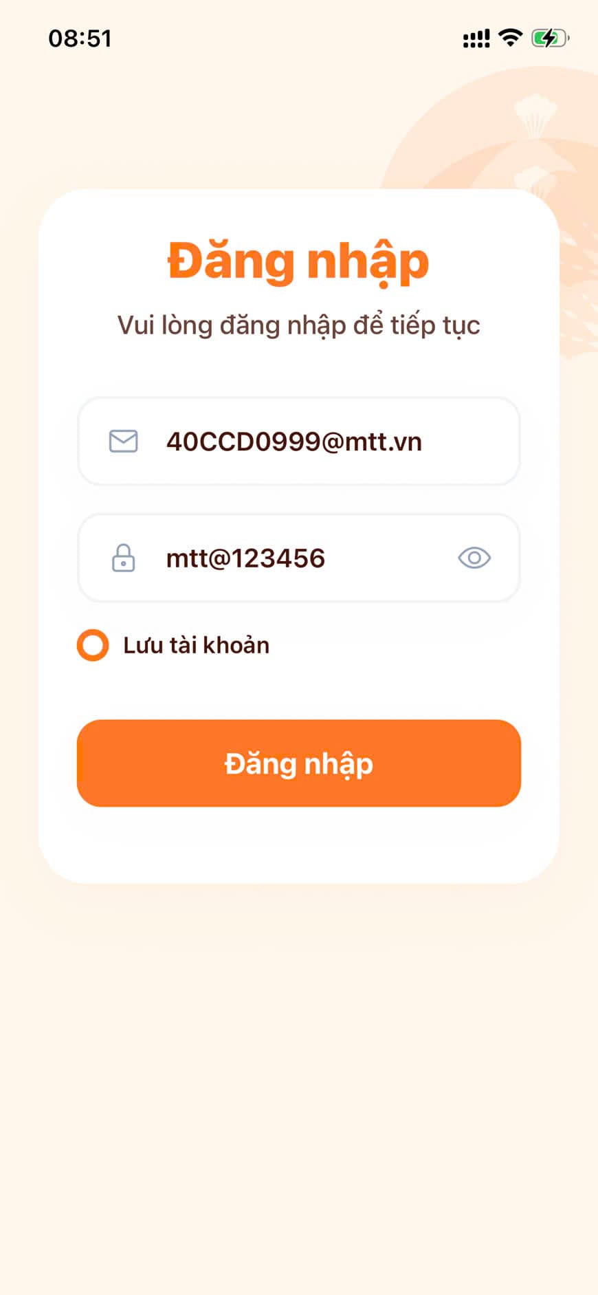 Màn hình đăng nhập app của con